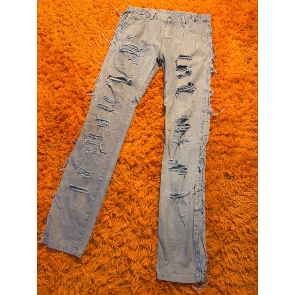MNML Mens Distressed Frayed Light Wash Blue Denim Jeans Size 33 Streetwear